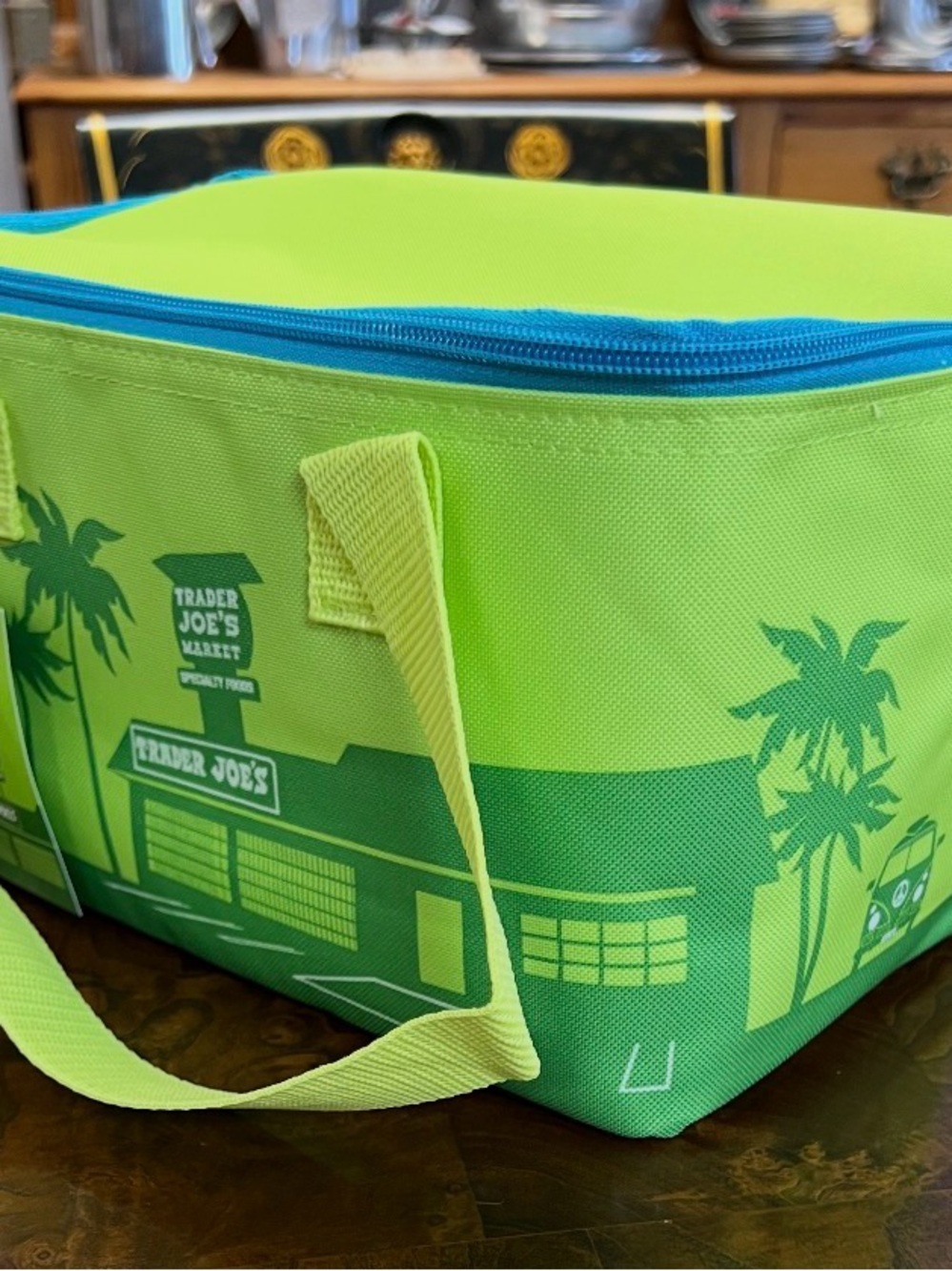 Trader Joe's Lime Green Insulated Tote Bag with Blue Zipper